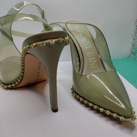 Beautiful smoky sage green, clear sling backs; w/ crystal trim - Picture 2 of 5